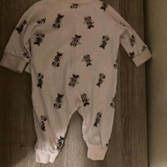Disney Minnie Mouse Romper Estimated Size 0-3 Months Pink and White Striped Snap - Picture 3 of 3